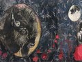 COUNTRY LAMENT, back: woodcut, monoprint, watercolor, colored pencil, acrylic, and thread on Hosho, 20"x45," 2007
