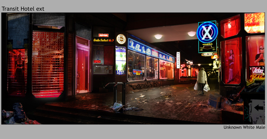 Transit hotel entrance. Painting over location photos is not only more accurate for the director but also very quick.