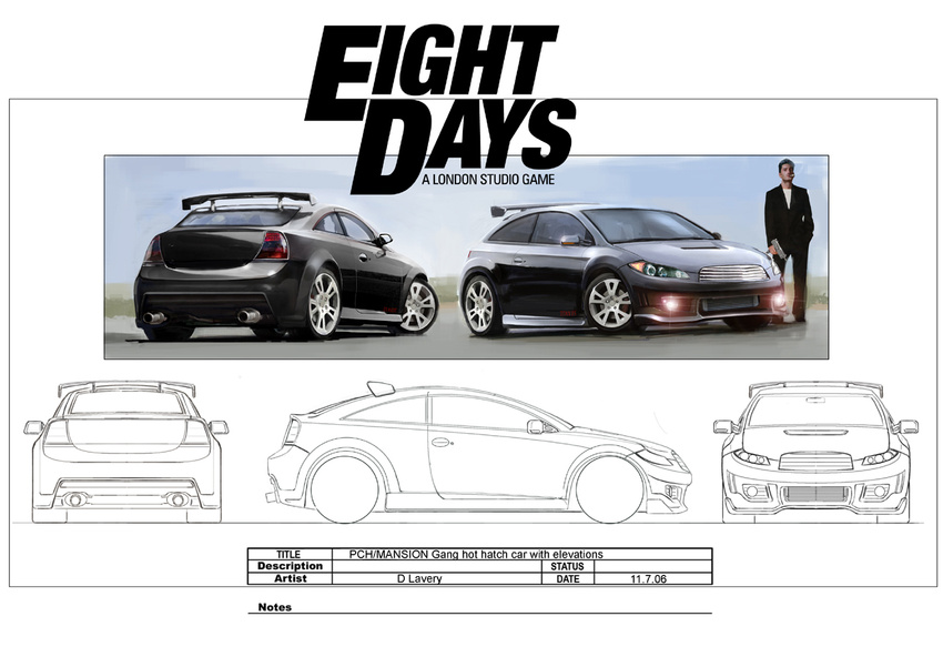 The developers brief was to concept a believable 'today'looking world. One of many bad guys hot hatch cars