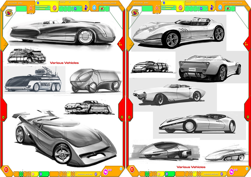 Various vehicles thumbnails and sketches