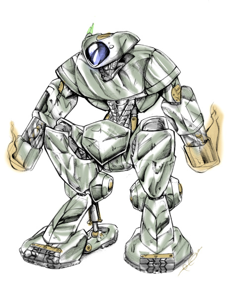 "Robot" - Concept Drawing - Ballpoint Pen on Sketch Paper, Color Washes in Photoshop