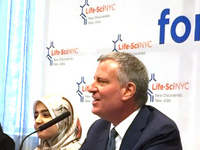 LifeSci NYC Step and Repeat at Mayor de Blasio's project announcement.