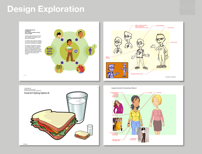 Character, food graphics, and interface design explorations including example of avatar builder. With dbaza.