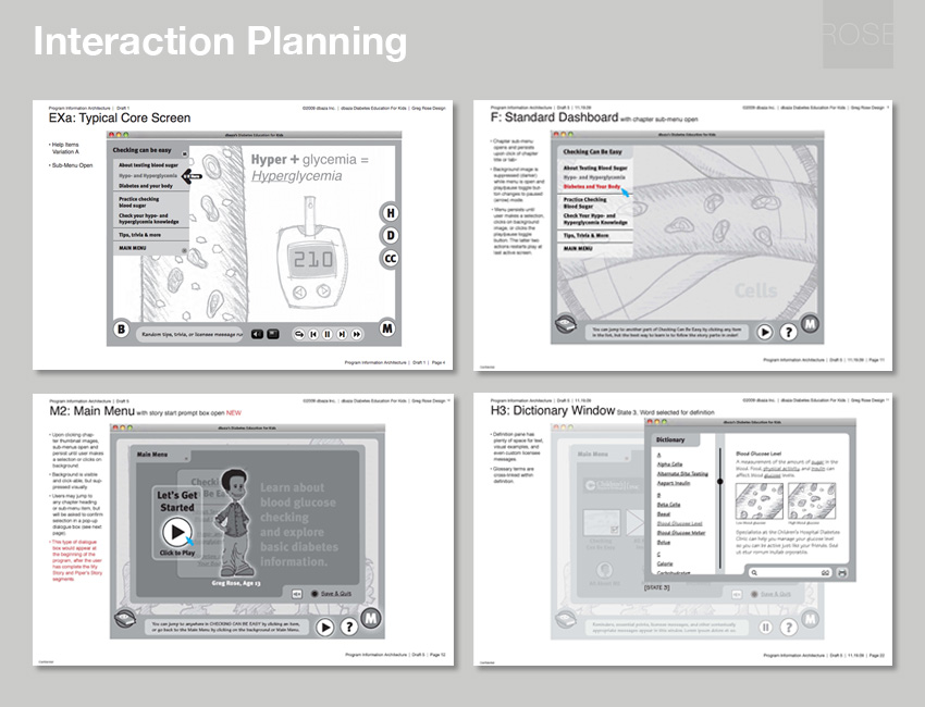Interface design explorations including toolbars, chapter menus, player controls, and glossary. With dbaza.
