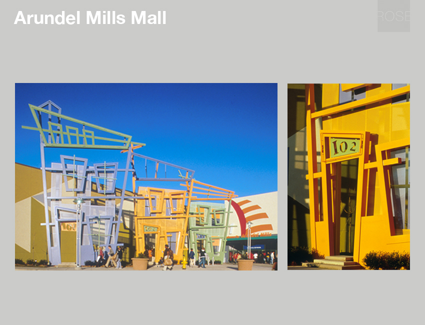 Rowhouse folly sculpture for mall entrance, Hanover, MD. With RTKL. Photos by David Whitcomb.