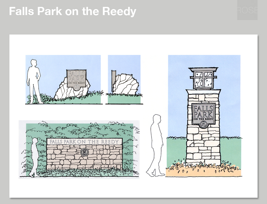 Falls Park on the Reedy River, Greenville, SC. Sketches for park gateway signs. With RTKL.