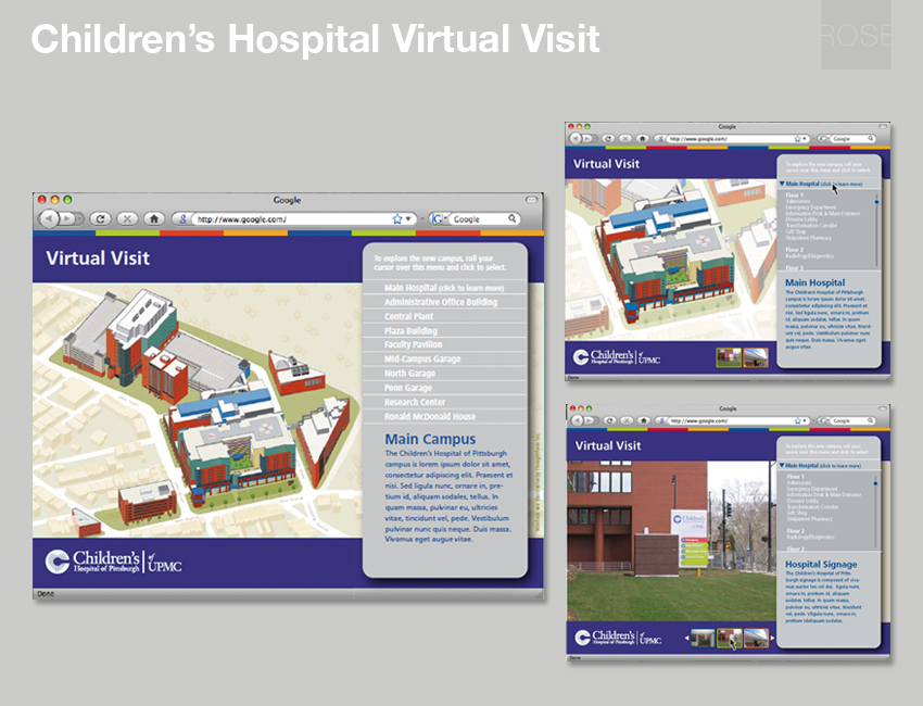 Interactive orientation tool for new hospital. Pittsburgh, PA. With ThoughtForm.