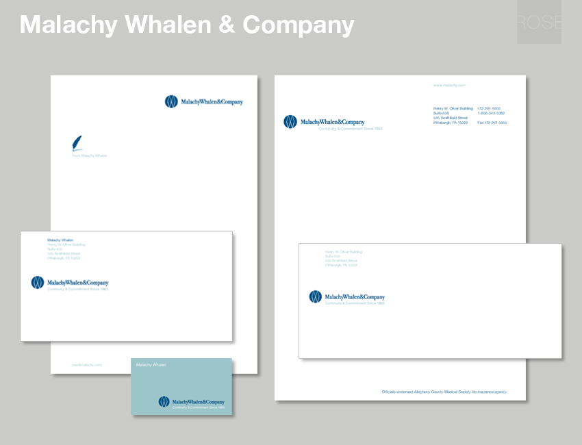 Stationery design for a specialized insurance broker. Pittsburgh, PA. Greg Rose Design.