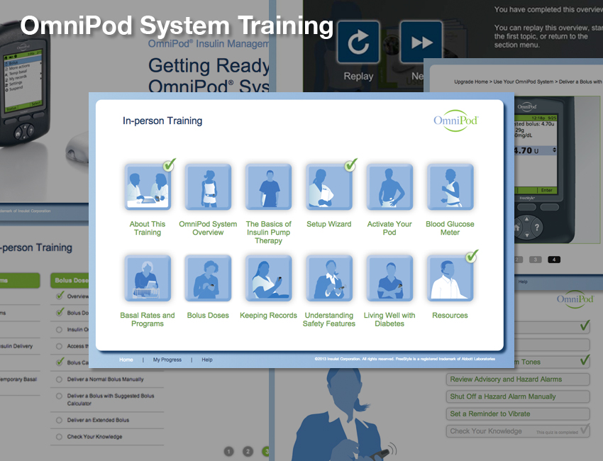 The Home page and other typical screens from the first release of the Web-based training program. With dbaza.