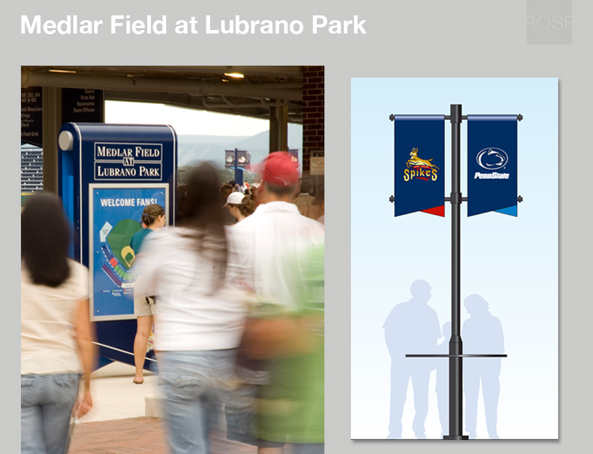 Medlar Field at Lubrano Park, State College, PA. Park map kiosk and banners. With ThoughtForm.