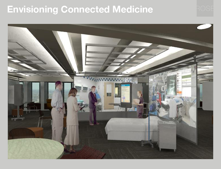 Artist's rendering of technology demonstration space. Projection screens allow instant change of settings. With ThoughtForm. Architect of Record: The Design Alliance.