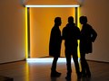 Guests at the Museum of Modern Art in New York City stand in front of a peice of art by florecent light artist Dan Flavin.