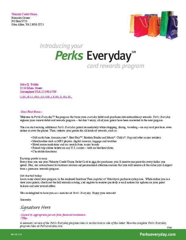 Letter, Discover Card: Email letter promoting Discover Card's new Perks Everyday reward program. PDF http://tinyurl.com/ots54bv