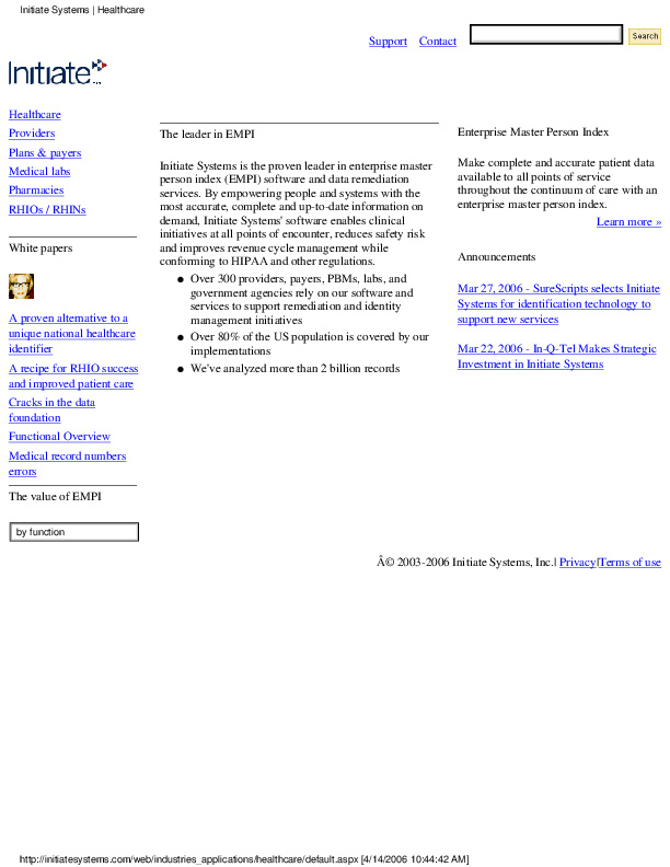 Services pages: Rewrote copy for Initiate Systems' (now IBM) healthcare services. (closed) PDF http://tinyurl.com/oflt8h2