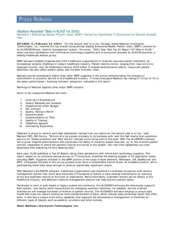 PR, Madison Information Systems (now IBM): Madison wins Best in KLAS. PDF http://tinyurl.com/k8omuue