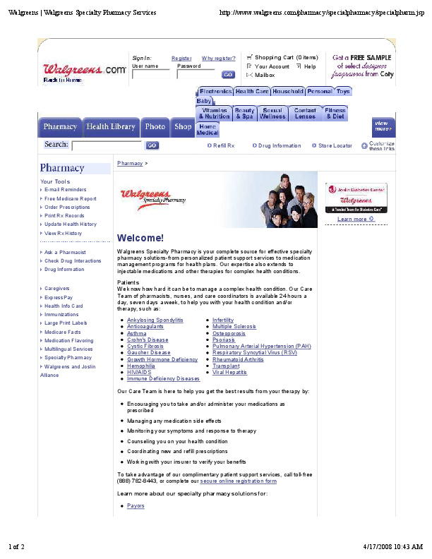 Pharmacy: Updated information on Walgreens' Specialty Pharmacy page. PDF http://tinyurl.com/ple2po5