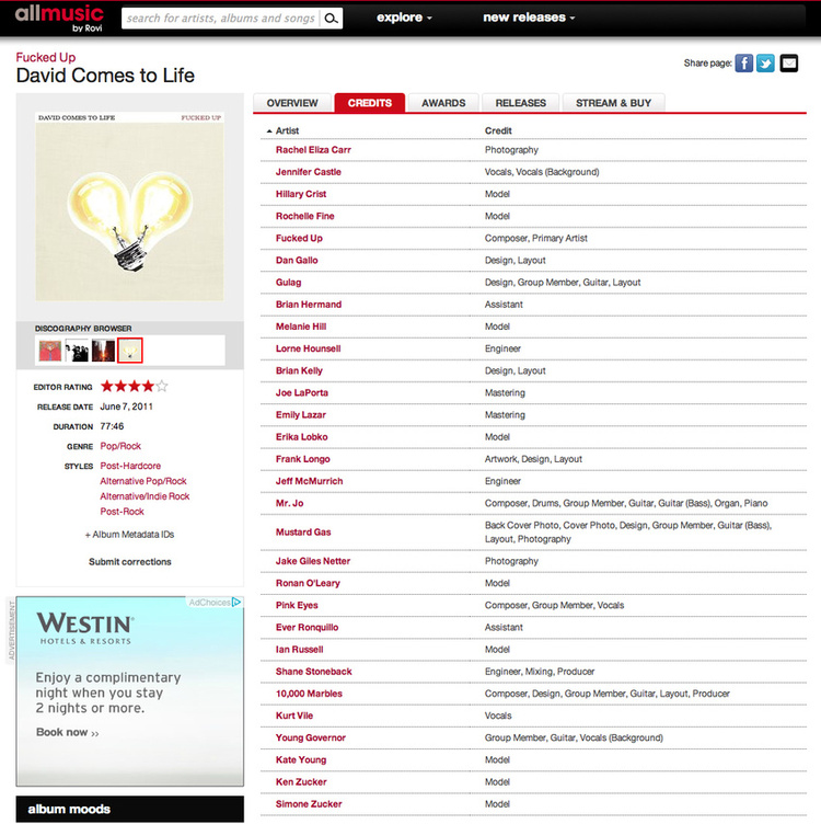 All Music - Fucked Up "David Comes To Life" Credits