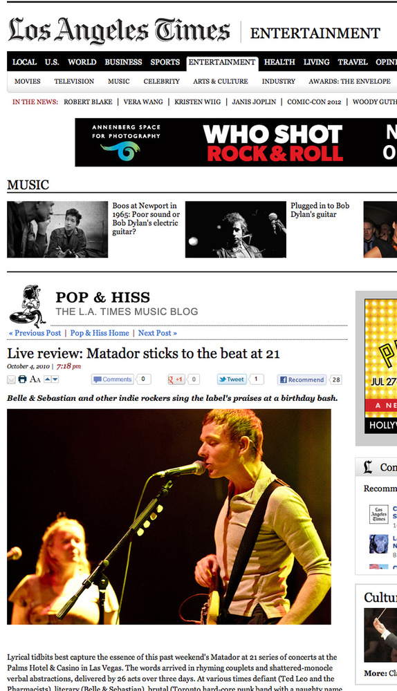 Los Angeles Times "Matador sticks to the beat at 21"