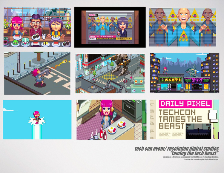 TechCon Chicago event + experiential design. CHALLENGE: develop a theme and opening for a digital savvy b2b businesses and entrepreneur's conference. SOLUTION: "Tame The Tech Beast!" We develped a 16 bit nintendo-esque game theme + experience, complete with a Tech Beast Battle video opener, and hosts dressed as characters mimicking the character design.