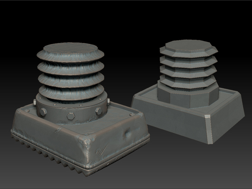 Maya raw import on right, completed sculpt on left. With edge creasing in Maya I was able to get great hard surface base meshes