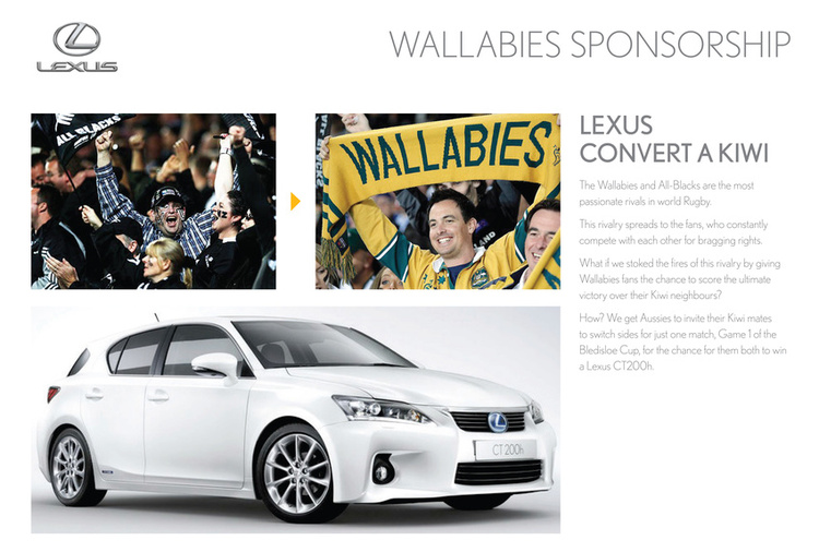 This was a fun promo idea we created for Lexus' sponsorship of The Wallabies. The idea was to create a Facebook lead campaign that involved getting an All Blacks fan to publicly convert to a Wallaby fan, in order to win a Lexus. As rugby die-hards and Kiwis know, this is the ultimate sports fan betrayal.
