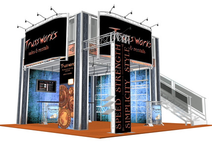 Double deck at Exhibitor, front view, rendering and all graphic design