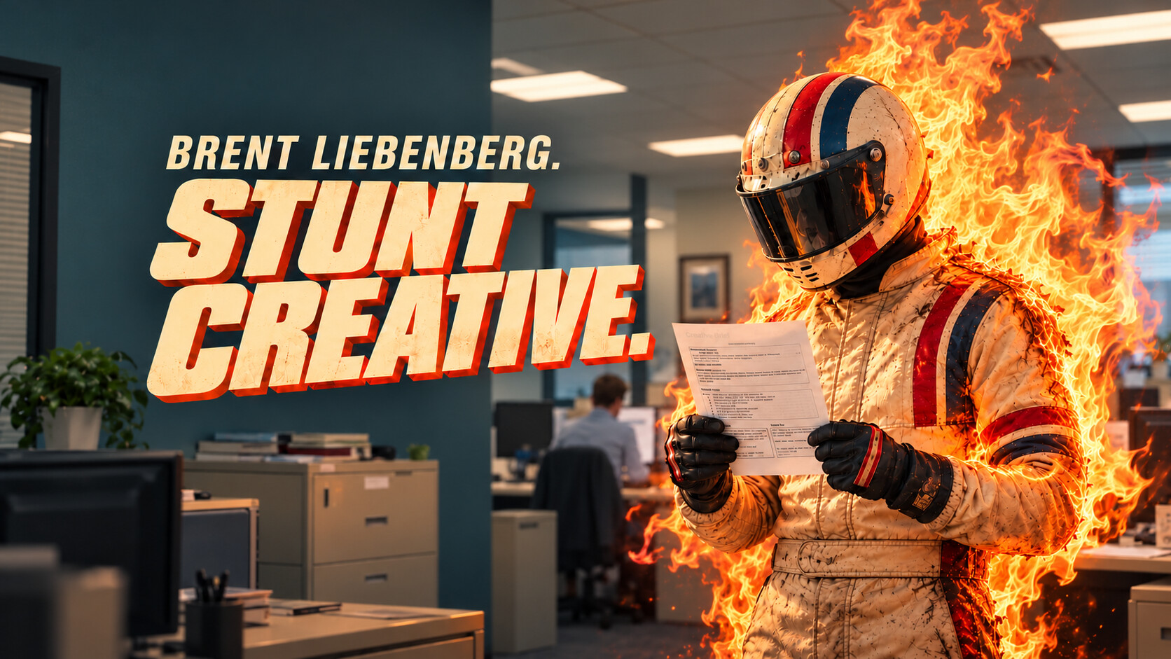 Brent Liebenberg. Stunt Creative. A helmeted stuntman calmly reading in an ordinary office, with his suit on fire.