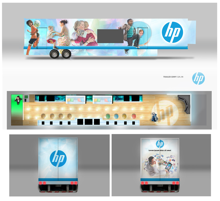 HP Mobile Learning trailer wrap artwork: concept art presented to West Coast Customs for install execution. Targeted towards the millenial mom, it depicts the life moments the mother would capture and possibly print.