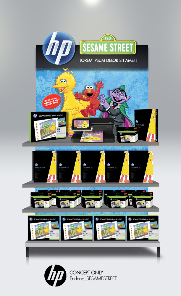 Concept endcaps pitched to HP's business partner: Sesame Street
