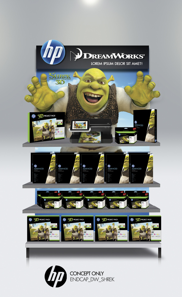 Concept endcaps pitched to HP's business partner: Dreamworks