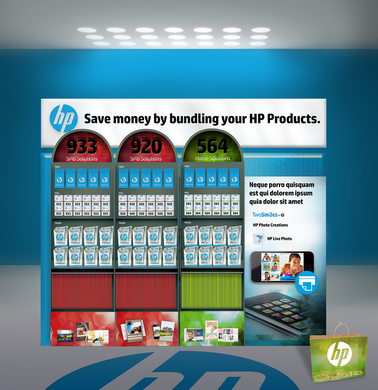 Concept inline display of HP's Content Value pack: How you can bundle HP's ink, photo paper, and printer solutions--ALL IN ONE TRIP.
