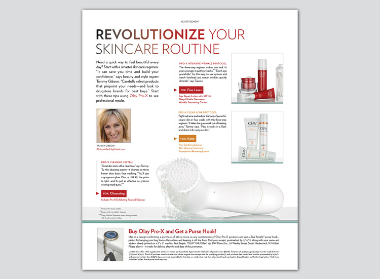 Real Simple Magazine: Olay advertorial (concept + art direction + design + photoshoot production)